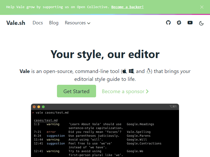 Vale landing page