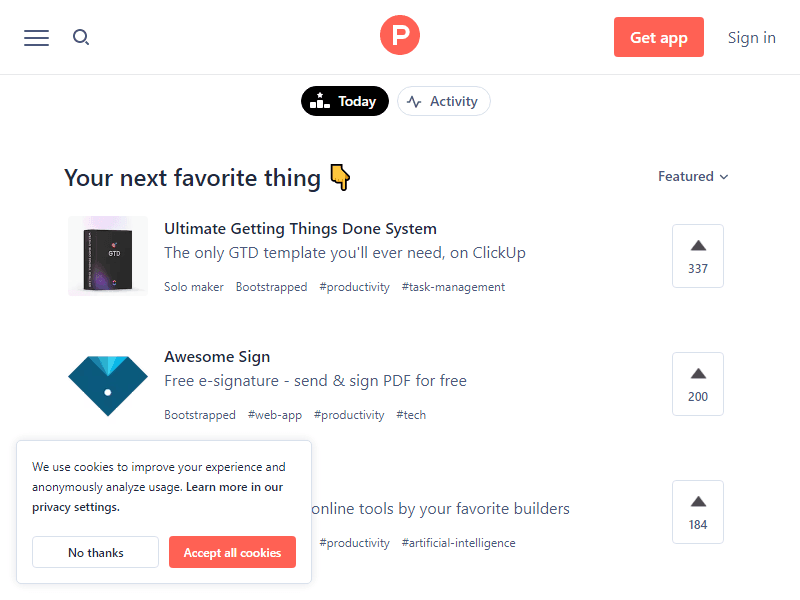 Product Hunt landing page