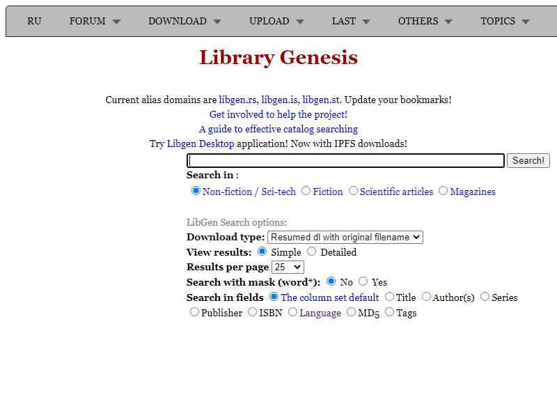 Library Genesis landing page