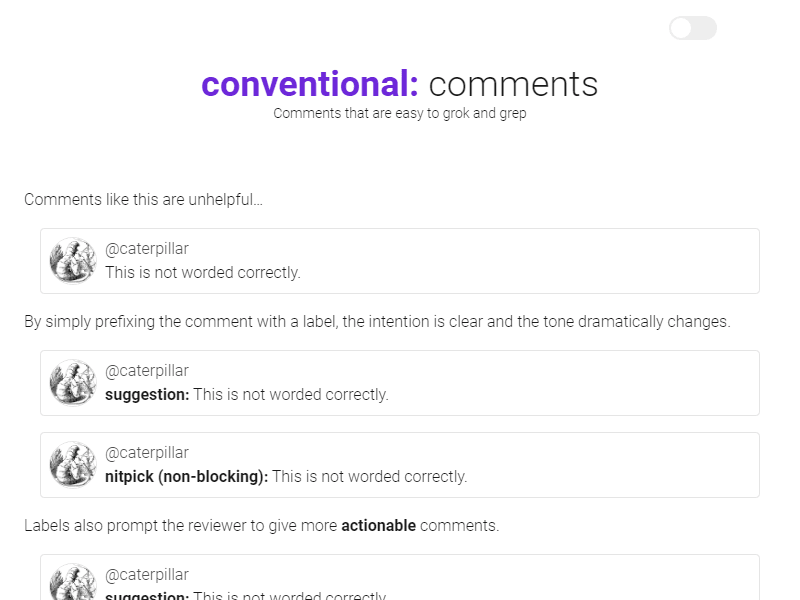 Conventional comments landing page