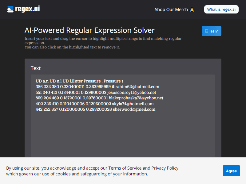 Regex AI landing page
